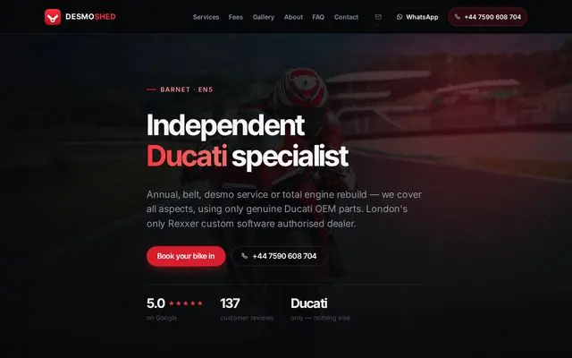 Desmo Shed website homepage