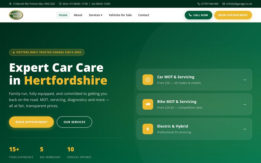 Potters Bar Garage website homepage